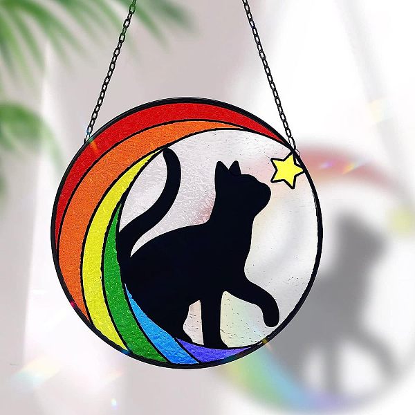 

PandaHall Moon with Cat Stained Acrylic Window Planel with Chain, for Suncatchers Window Home Hanging Ornaments, Colorful, 160x160mm Acrylic...