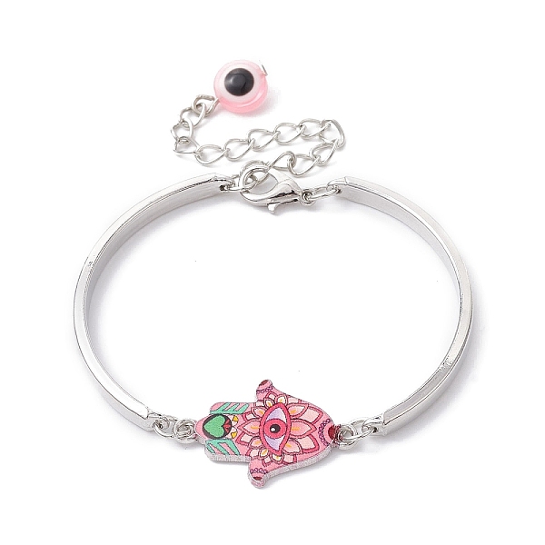 

PandaHall Alloy Bangles, Hamsa Hand with Evil Eye Link Bracelets for Women, Pink, 5-1/4 inch(13.2cm) Alloy Hamsa Hand Pink