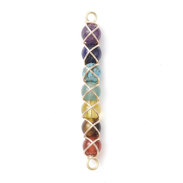 

PandaHall Chakra Gemstone Connector Charms, Golden Plated Copper Wire Wrapped Round Gems Links, 51x6x7.5mm, Hole: 2.5mm Mixed Stone Round