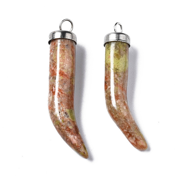 

PandaHall Natural Unakite Pendants, with Platinum Iron Findings, Little Pepper, 34~39x6~7mm, Hole: 2.5mm Unakite Horn