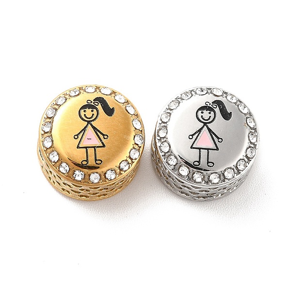

PandaHall 304 Stainless Steel European Beads, with Enamel & Rhinestone, Large Hole Beads, Flat Round with Girl, Golden & Stainless Steel..., Clear