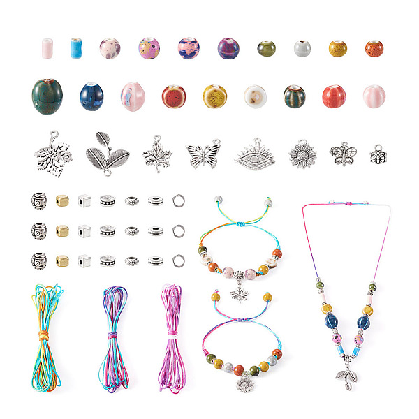 

PandaHall DIY Braided Bracelet Making Kit, Including Porcelain Round & Oval & Column Beads, Leaf & Butterfly & Eye Alloy Pendants & Barrel..., Multicolor