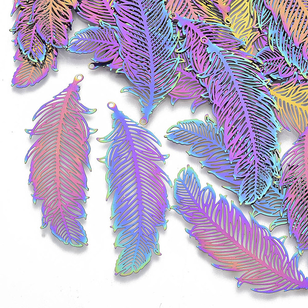 

PandaHall Ion Plating(IP) 201 Stainless Steel Filigree Pendants, Etched Metal Embellishments, Feather, Rainbow Color, 47x19x0.3mm, Hole...
