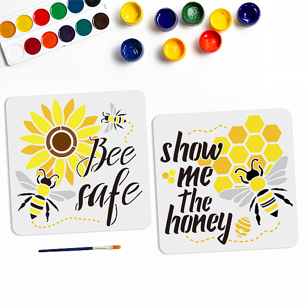 

PandaHall MAYJOYDIY 2pcs Bee Honeycomb Stencil 11.8×11.8inch Reusable Bee Word Stencil Template Flowers Bee Pattern Show me The Honey Text...