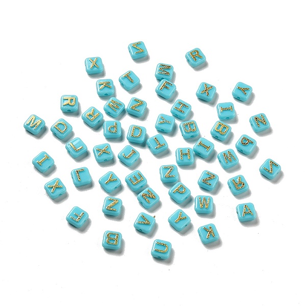 

PandaHall Plating Acrylic Beads, Golden Metal Enlaced, Horizontal Hole, Square with Random Letter, Cyan, 9.5x9.5x5mm, Hole: 2mm Acrylic...