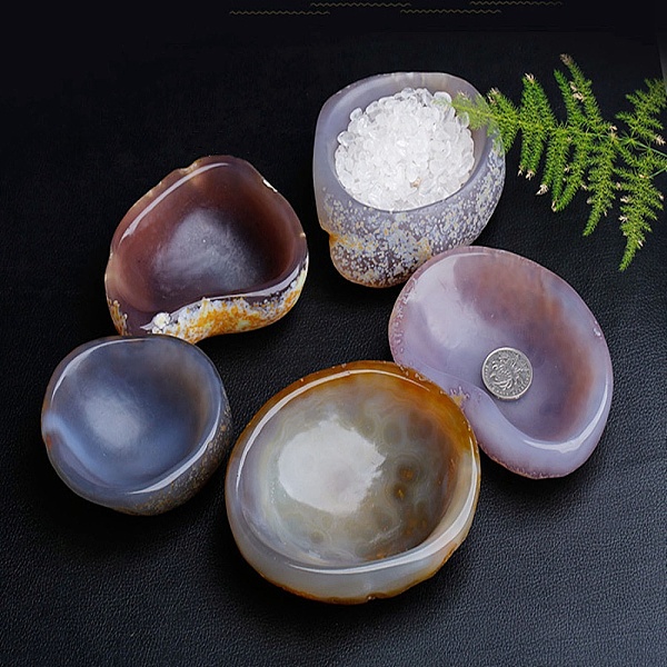 

PandaHall Natural Agate Charging Bowl for Cleansing, Recharging Crystal & Reiki Gemstones, Home Decoration, 90~110mm Natural Agate Tableware