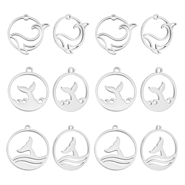 

PandaHall ARRICRAFT 18Pcs 3 Style 304 Stainless Steel Pendants, Flat Round with Fishtail & Whale Charm, Stainless Steel Color...
