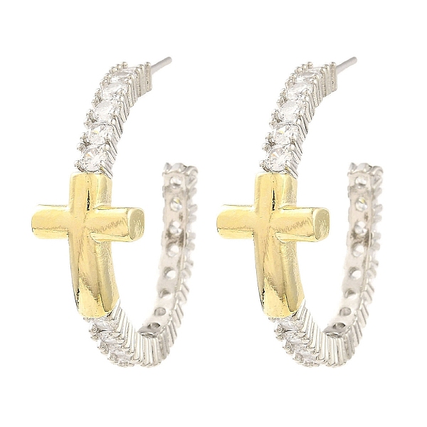 

PandaHall Rack Plating Brass Cross Stud Earrings, Cubic Zirconia Half Hoop Earrings, Long-Lasting Plated, Lead Free & Cadmium Free, Real 18K...