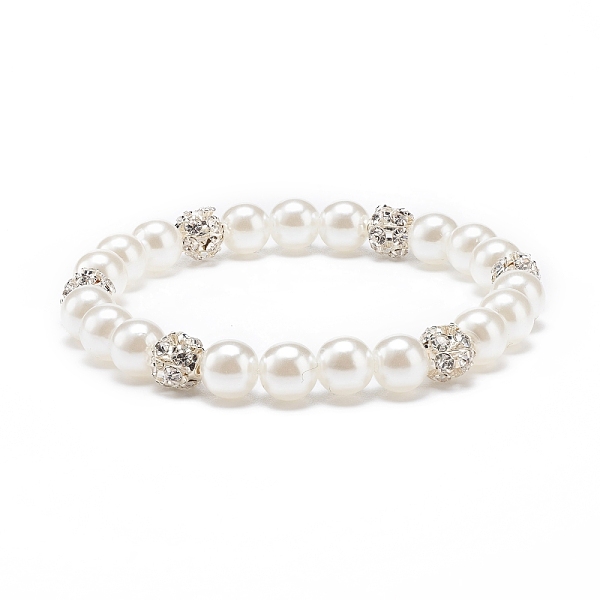 

PandaHall ABS Plastic Pearl & Brass Round Beaded Stretch Bracelet with Clear Rhinestone for Women, Silver, Inner Diameter: 2-1/8 inch(5.5cm)...