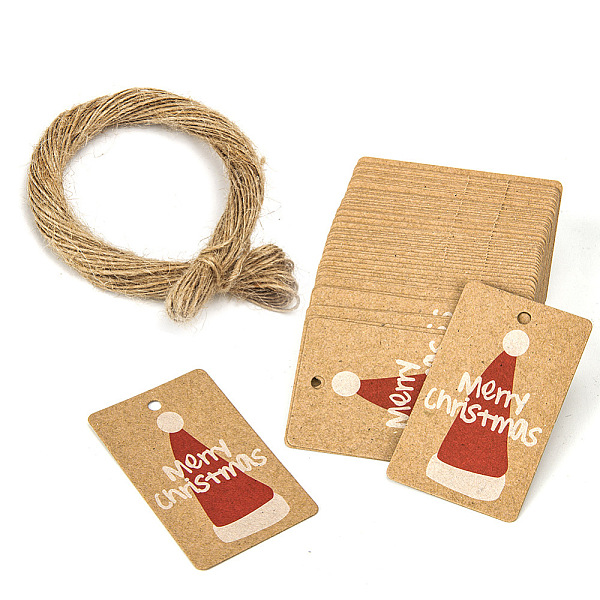 

PandaHall 100Pcs Rectangle Christmas Kraft Paper Gift Tags, with Jute Ropes, BurlyWood, Hat, 5x3cm Paper Hat Orange