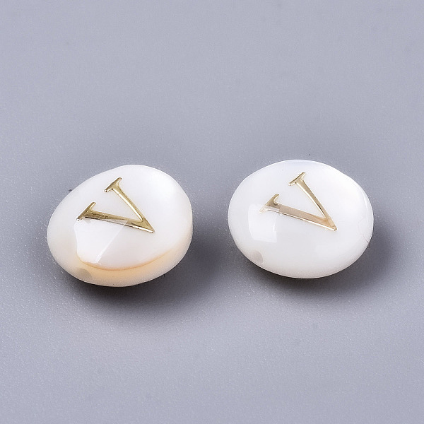 

PandaHall Natural Freshwater Shell Beads, with Golden Plated Brass Etched Metal Embellishments, Flat Round, Seashell Color, Letter.V...