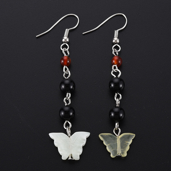 PandaHall Butterfly Natural New Jade Dangle Earrings for Girl Women, Agate Beads Earrings with Brass Pin, 62~65mm, Pin: 0.6mm New Jade