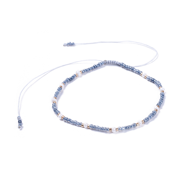 

PandaHall Adjustable Nylon Thread Braided Beads Bracelets, with Glass Seed Beads and Glass Bugle Beads, Steel Blue, 2 inch(5cm) Glass Blue