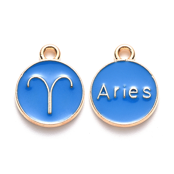 

PandaHall Alloy Enamel Pendants, Cadmium Free & Lead Free, Flat Round with Constellation, Light Gold, Dodger Blue, Aries, 22x18x2mm, Hole...