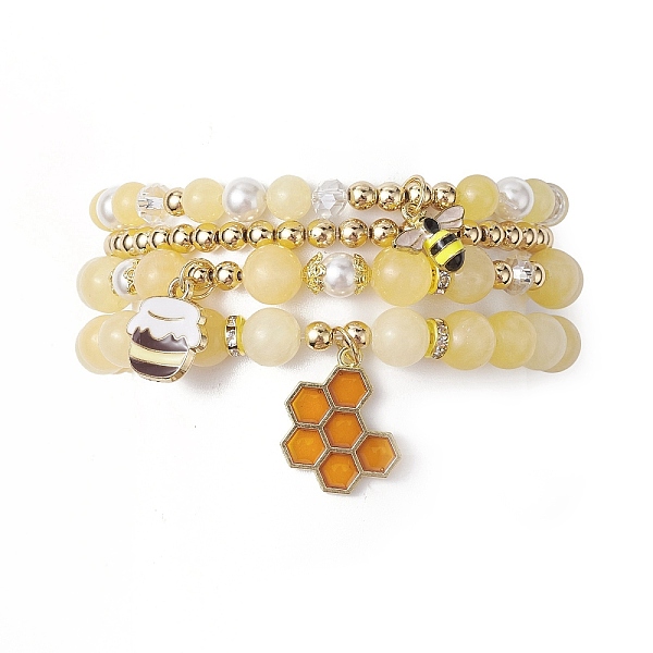 

PandaHall 4Pcs 4 Style Natural Topaz Jade & Shell Pearl Stretch Bracelets Set, Alloy Enamel Bees & Honeycomb Charms Stackable Bracelets...