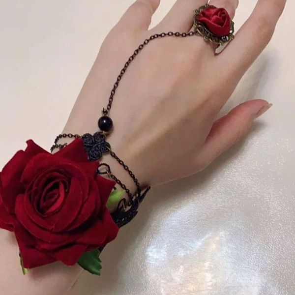 Gothic Style Retro Alloy Lace Flower Link Rings Bracelets for Women