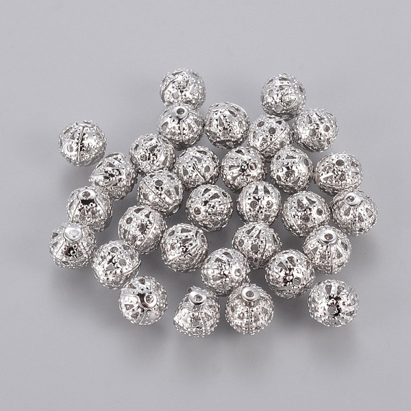 

PandaHall Platinum Color Hot DIY Round Filigree Brass Beads, Filigree Ball, 6mm, hole: about 0.6mm Brass Round
