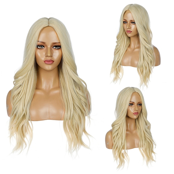 PandaHall Long Wavy Curly Wigs, Middle Part Synthetic Wigs, Heat Resistant High Temperature Fiber, For Woman, Light Goldenrod Yellow, 28.34...