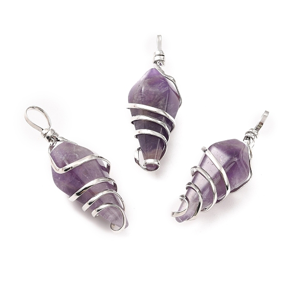 

PandaHall Natural Amethyst Pendants, with Platinum Tone Copper Wire Wrapped, Cadmium Free & Lead Free, Faceted Cone, 42~47x15~17x15~17.5mm...