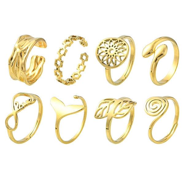 

PandaHall 8Pcs 8 Style Flower & Leaf & Whale Tail & Snake Stainless Steel Open Cuff Ring Sets, Adjustable Rings for Women, Real 18K Gold...