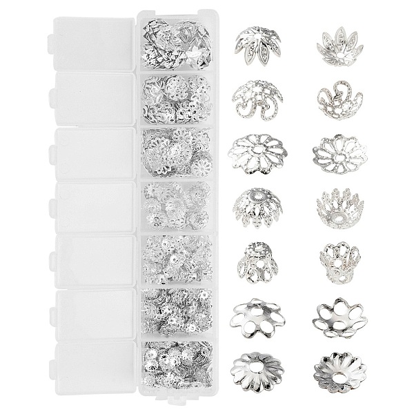 

PandaHall 755Pcs 7 Style Iron Bead Caps, Flower, Silver, 5~10x1~4.4mm, Hole: 1~1.5mm Iron