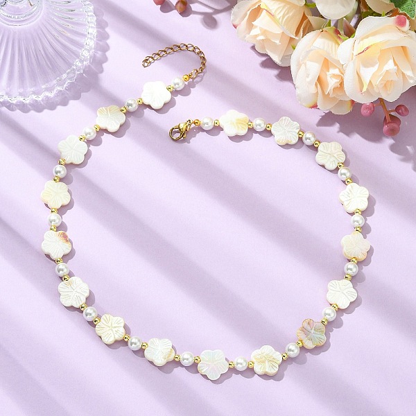 電気メッキ加工を施した天然淡水貝の花と貝殻パールのビーズネックレス（女性用）