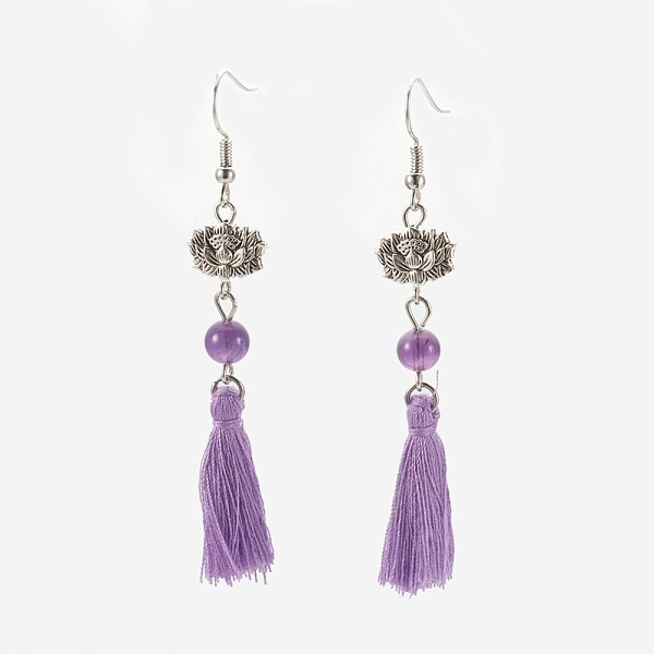 

PandaHall Nylon Tassel Earrings, with 304 Stainless Steel Earring Findings and Amethyst Beads, 77mm, Pin: 0.6mm Amethyst