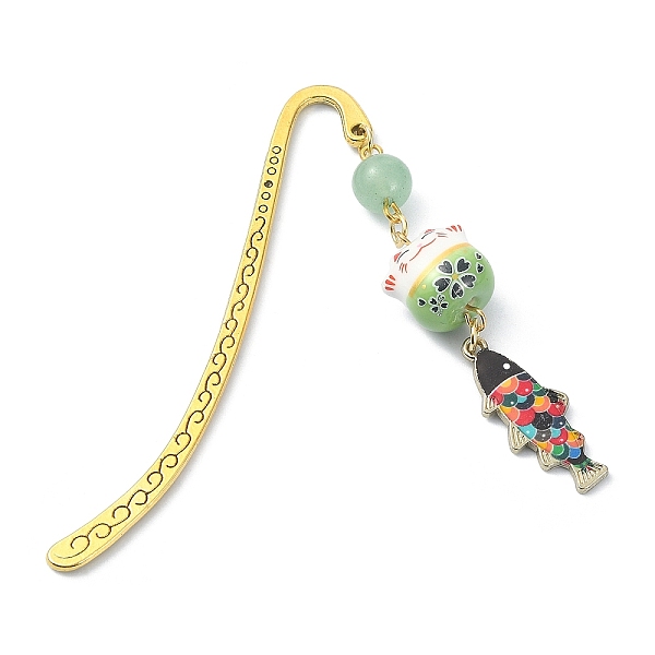

PandaHall Japanese Style Maneki-neko Bookmark, Lucky Cat & Fish Pendant Bookmark with Natural Round Green Aventurine, Alloy Hook Bookmarks...