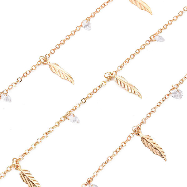 

PandaHall Handmade Brass Cable Chains, with Cubic Zirconia Charms, Soldered, Spool, Feather, Real 18K Gold Plated, 2x1.7x0.2mm, about 16.4..., Clear
