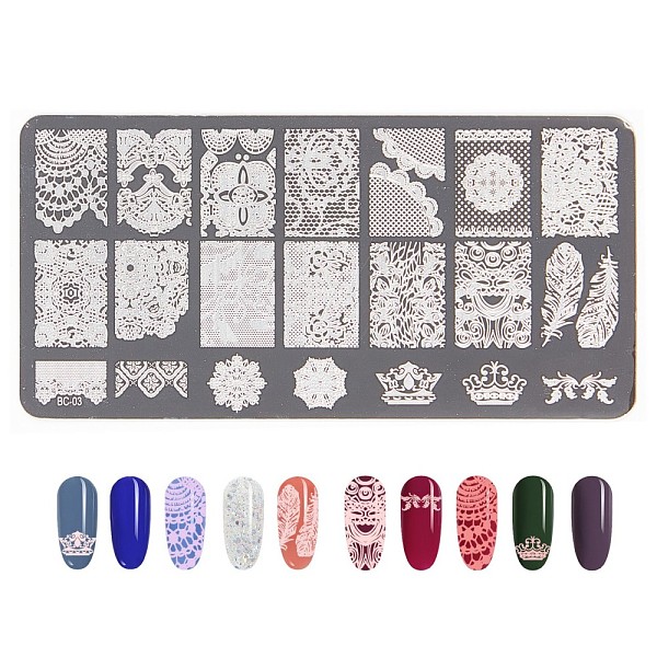 

PandaHall Lace Flower Stainless Steel Nail Art Stamping Plates, Nail Image Templates, Template Tool, Rectangle, Stainless Steel Color...
