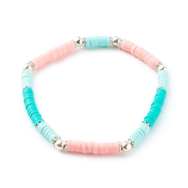 

PandaHall Handmade Polymer Clay Heishi Beaded Stretch Bracelets, with Brass Beads, Platinum, Turquoise, Inner Diameter: 2-1/8 inch(5.5cm)..., Green