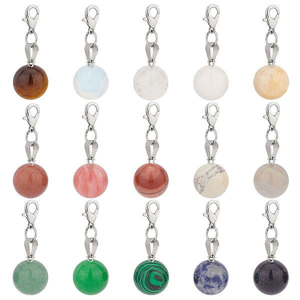 

PandaHall Gemstone Round Pendant Decoration, with Alloy Lobster Claw Clasps, 37mm, 15 colors, 1pc/color, 15pcs/set Mixed Stone Round