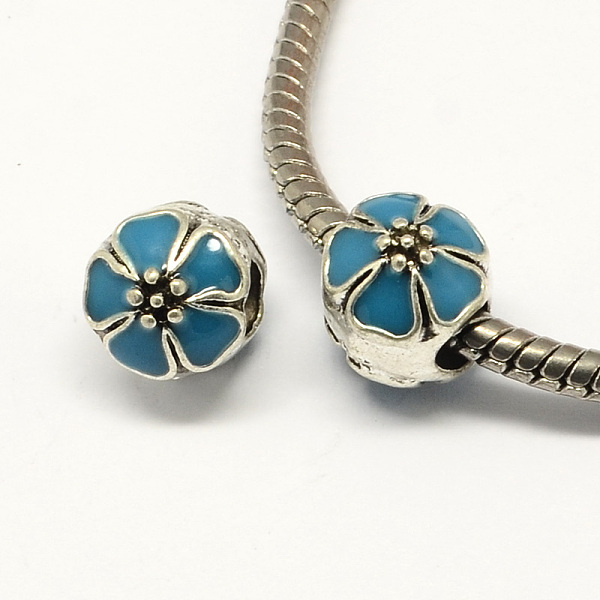 

PandaHall Alloy Enamel Flower Large Hole Style European Beads, Antique Silver, Cadet Blue, 10x11mm, Hole: 4mm Alloy+Enamel Flower Blue