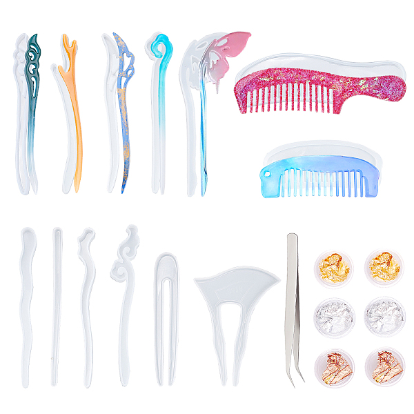 

PandaHall PH 13pcs Silicone Hairpin Molds, Comb Resin Molds Resin Casting Silicone Molds Jewelry Clip Epoxy Mold and 12pcs Foil Flakes Set..., Multicolor