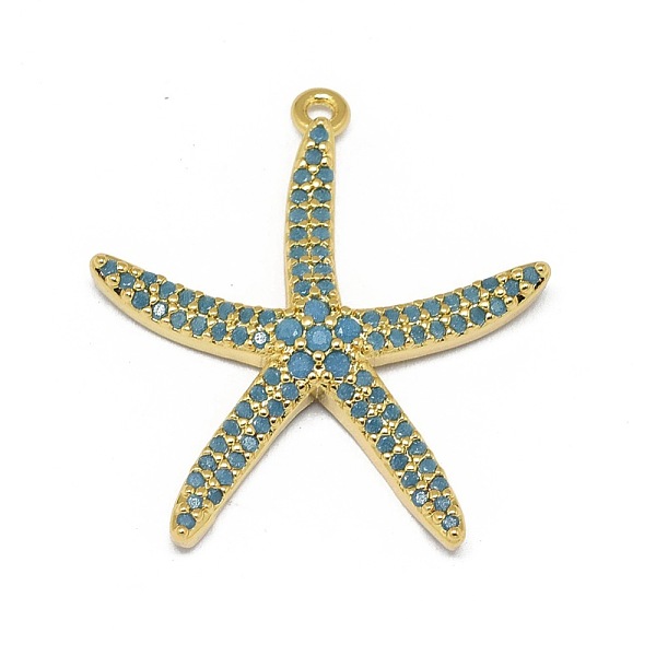 

PandaHall Alloy Micro Pave Cubic Zirconia Pendants, Long-Lasting Plated, Starfish/Sea Stars, Deep Sky Blue, Golden, 26x24x4mm, Hole: 1.2mm...