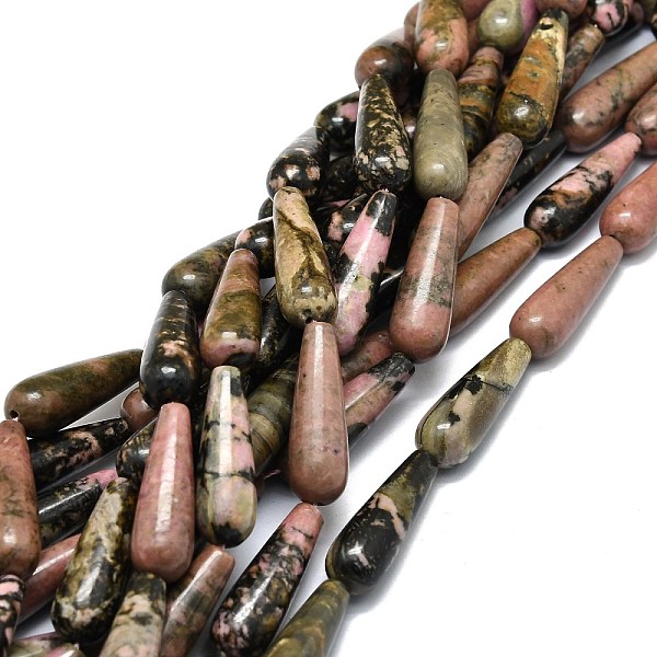 PandaHall Natural Rhodonite Beads Strands, Waterdrop, 30x10mm, Hole: 1.4mm, about 13pcs/strand, 15.75''(40cm) Rhodonite Teardrop