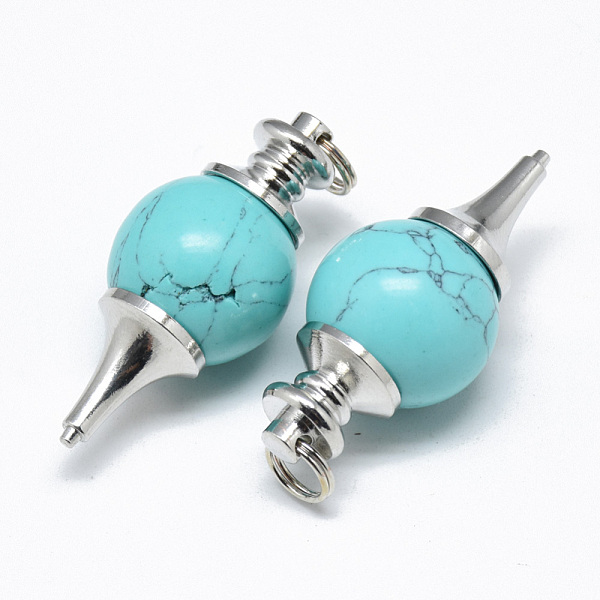 

PandaHall Dyed Synthetic Turquoise Pendants, with Platinum Tone Brass Findings and Iron Double Loops Jump Rings, Pendulum, 40.5x18mm, Hole...