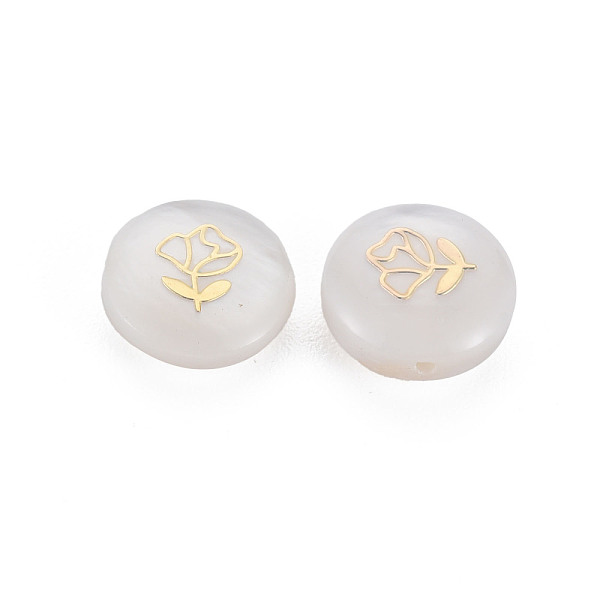 

PandaHall Natural Freshwater Shell Beads, with Golden Plated Brass Metal Embellishments, Flat Round with Flower, Seashell Color, 8x3.5mm...