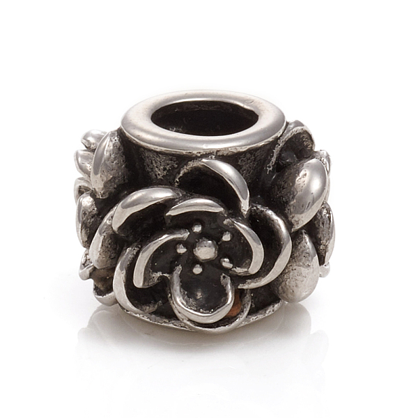 PandaHall 304 Stainless Steel European Beads, Large Hole Beads, Rondelle with Flower, Antique Silver, 13x10mm, Hole: 5mm 304 Stainless Steel...