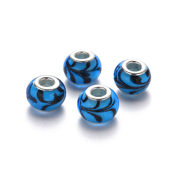 

PandaHall Handmade Lampwork European Beads, Large Hole Rondelle Beads, with Platinum Tone Brass Double Cores, Dodger Blue, 14x9~10mm, Hole...