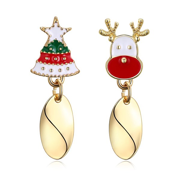 

PandaHall Classic Zinc Alloy Enamel Stud Earrings, Asymmetrical Earrings, Christmas Theme, MilurDeer & Christmas Tree, Golden, 37x13mm Alloy