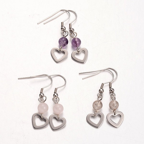 

PandaHall Heart Natural Gemstone Dangle Earrings, with 304 Stainless Steel Earring Hooks, 41mm, Pin: 0.6mm Mixed Stone Multicolor