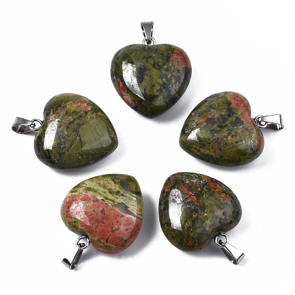 

PandaHall Natural Unakite Pendants, with Stainless Steel Snap On Bails, Heart, Stainless Steel Color, 22x20x9mm, Hole: 6x2mm Unakite Heart