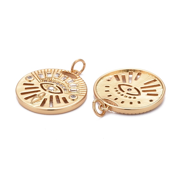 

PandaHall Brass Micro Pave Clear Cubic Zirconia Pendants, Long-Lasting Plated, with Jump Rings, Flat Round with Horse Eye, Real 18K Gold...