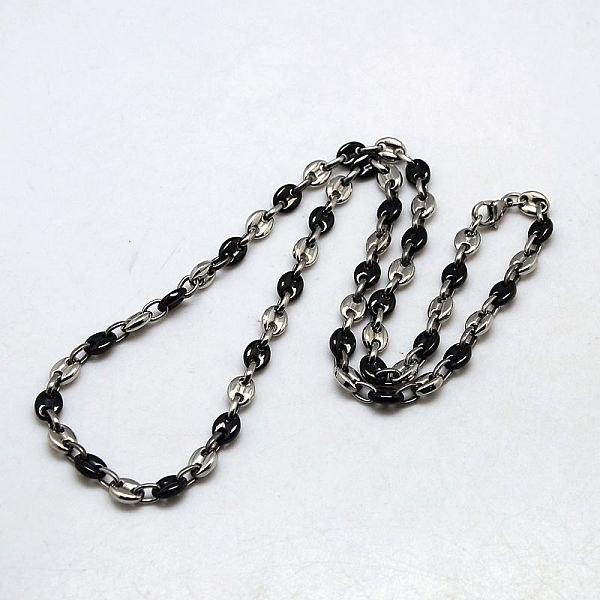 PandaHall Fashionable 304 Stainless Steel Coffee Bean Chain Necklaces, with Lobster Claw Clasps, Black & Stainless Steel Color, 21.3 inch...