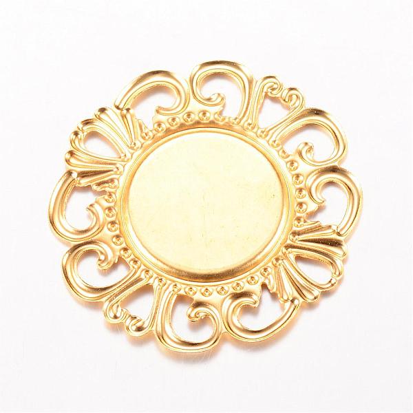 

PandaHall Iron Cabochon Connector Settings, Etched Metal Embellishments, Flower, Light Gold, Tray: 18mm, 36x36x1mm Iron Flower