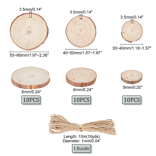 

PandaHall AHADEMAKER 30Pcs Flat Round Unfinished Wood Pendants, Rustic Wood Disc, with 10M Jute Cord, Tan, 3~6x0.5~0.6cm, Hole: 3.5mm Wood..., Orange