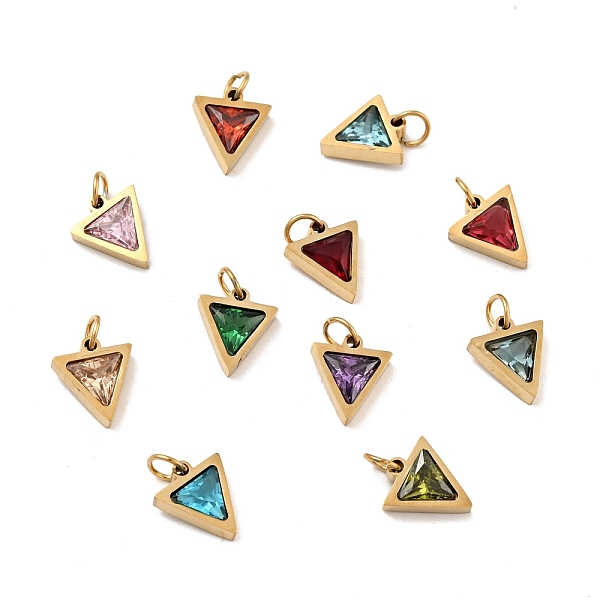 

PandaHall Vacuum Plating 304 Stainless Steel Pendants, with Cubic Zirconia and Jump Rings, Single Stone Charms, Triangle, Golden, Mixed..., Multicolor