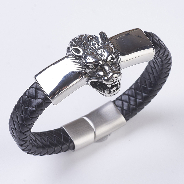 

PandaHall Men's Braided Leather Cord Bracelets, with 304 Stainless Steel Findings and Matte Magnetic Clasps, Wolf Head, Black, 8-1/4...