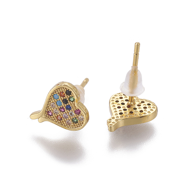 

PandaHall Brass Cubic Zirconia Stud Earrings, Heart, Colorful, Golden, 10x8x1.5mm, Pim: 0.8mm Cubic Zirconia